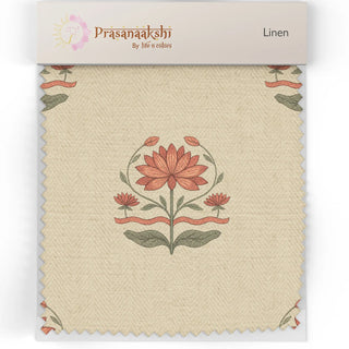 Fabric swatch of Kalika Upholstery Fabric showing ivory linen with detailed orange and green flower motif.