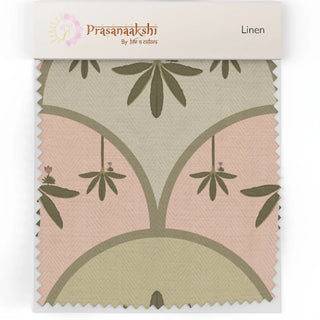 Close-up linen swatch of the Kanan upholstery fabric in pink and green, showing the scalloped arch and lotus leaf motif on a herringbone weave.