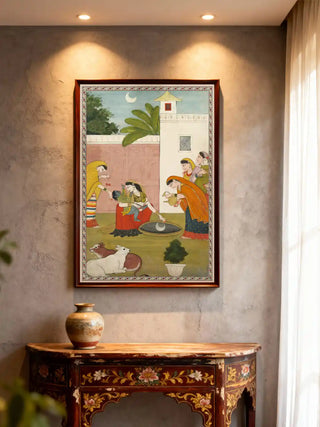 Regal Krishna wall art mounted on a deep navy wall above a white marble fireplace in a luxury interior.