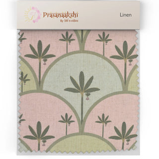 High-resolution fabric swatch of Kannan featuring a stylized green palm within a soft pink arched frame