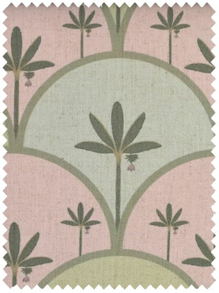 A high-resolution swatch of Kannan fabric featuring soft pink and sage green scalloped arches with palm tree motifs.