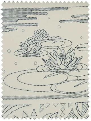 A high-resolution swatch of Kantha fabric featuring indigo running-stitch style lotuses and lily pads on a cream ground.