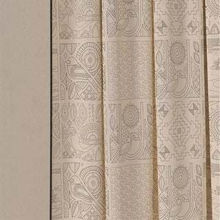 A detailed shot of the Kantha Pipin curtain fabric, highlighting the intricate artisanal motifs and the delicate stitching-like texture.