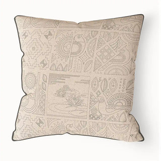 Kantha Pipin cushion cover with a patchwork of traditional Kantha-style patterns in a subtle, monochromatic beige and gray color scheme, finished with a dark piped edge.