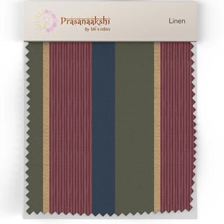 Fabric swatch of Kara Upholstery Fabric showing alternating stripes in red, green, blue, and mustard tones.