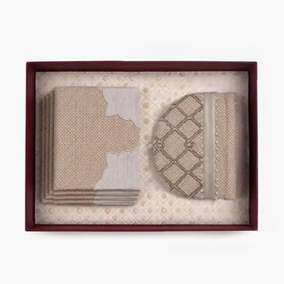 The Florentine Table Mats & Tieback Gift Set in Burgundy & Blush, with its maroon Prasanaakshi by Life n Colors branded gift box.