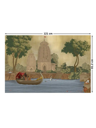 Full design layout of the Kashi Reverie wall art showing the temple and Ganges motif with 121 cm by 81.2 cm dimensions.