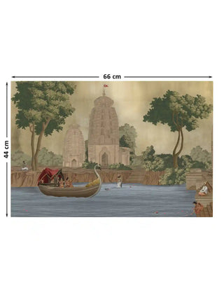 Kashi Reverie ghat and boat wall art in antique sepia shown at 66 x 44 cm with dimension markings for size reference.
