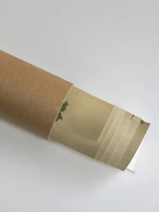 Kashi Reverie wall art print in antique sepia rolled in a kraft shipping tube, showing the soft parchment ground and painted foliage edge.