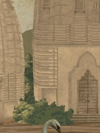 A close-up of the Kashi Reverie wall art showing ribbed stone temple towers, an arched wooden door and the swan’s head by the water.
