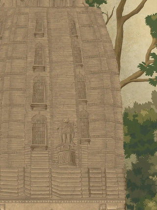 A close-up of the Kashi Reverie wall art showing a ribbed stone temple tower with arched windows and a carved lion figure.