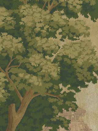 A close-up of the Kashi Reverie wall art showing layered green tree foliage and a temple crown behind the branches.