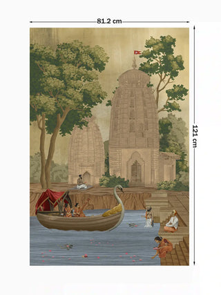 Full view of the Kashi Reverie wall art showing twin stone temples, a swan-prowed boat and riverside steps with figures, at 121 cm by 81.2 cm.