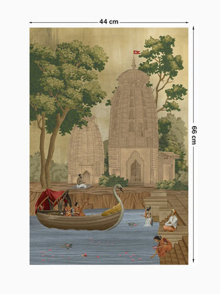 Full view of the Kashi Reverie wall art showing twin stone temples, a swan-prowed boat and riverside steps with figures, at 66 cm by 44 cm.