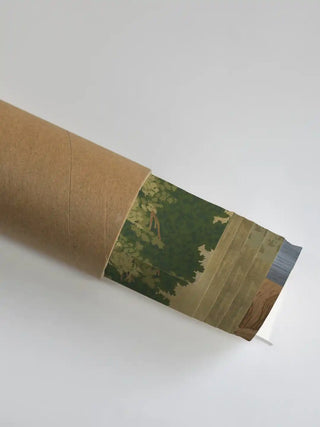 Close-up of the Kashi Reverie art partially unrolled from its shipping tube, showcasing the golden texture and temple details.