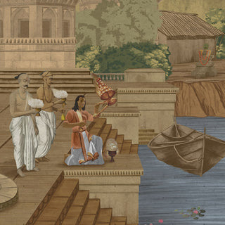 A close-up of the Kashi Reverie wallpaper, showing the intricate details of the devotee and the steps leading to the river.