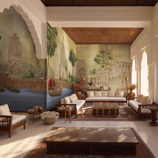 The Kashi Reverie wallpaper mural in a dining area, highlighting the grand scale of the traditional temple and the natural landscape.