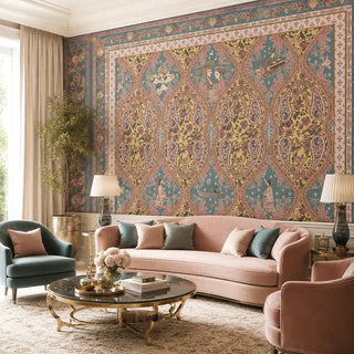 Kashmir customized wallpaper wrapping a spacious lounge area behind a modern curved rose-pink velvet sofa.