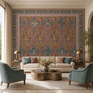 Kashmir customized wallpaper wrapping a spacious lounge area behind a modern curved rose-pink velvet sofa view-livingroom