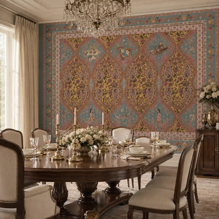 The Kashmir Indian design mural styled as a grand statement wall behind a traditional dark wood formal dining table view-diningroom