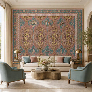 The Kashmir panoramic landscape mural styled as a feature wall in a luxurious living room with teal accent chairs.