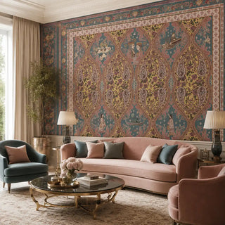 The Kashmir panoramic landscape mural styled as a feature wall in a luxurious living room with teal accent chairs view-livingroom