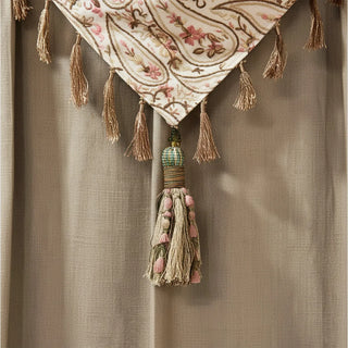 Close-up of Kashmiriyat Curtain showing embroidered floral valance and tassels, reflecting Kashmiri craftsmanship.