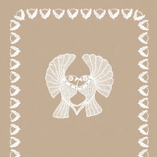 painted-detail	A detailed close-up highlighting the intertwined ivory bird motif and delicate leafy frame on the beige Kavya wallpaper.