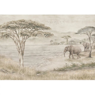 The full monochromatic panoramic layout of the Kenya Grey wallpaper mural showcasing the complete savannah landscape.