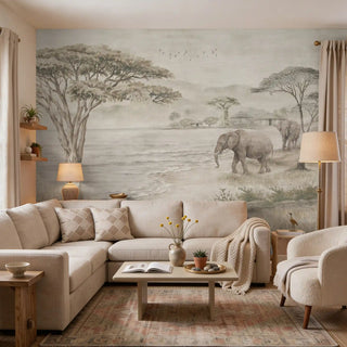 A luxury living room featuring the Kenya Grey savannah mural behind a tan velvet sofa and contemporary wooden furniture.