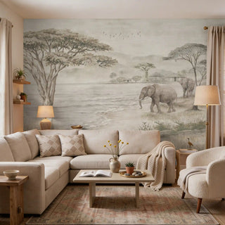 The Kenya Grey African landscape mural styled behind a neutral upholstered bed in a serene, luxury bedroom.