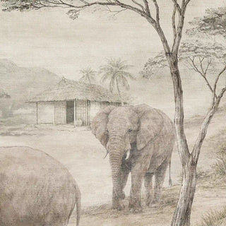 A detailed close-up of the Kenya Grey mural highlighting the hand-painted elephant and misty woodland textures.