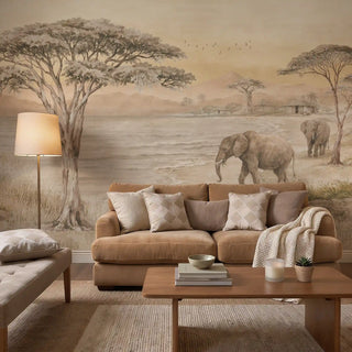 A luxury living room featuring the Kenya savannah mural in sepia behind a tan velvet sofa and modern coffee table.
