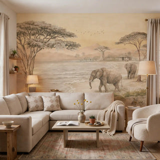 A grand living space featuring the Kenya wall mural behind a large cream sectional sofa and artisanal decor.