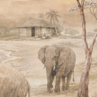 A detailed close-up of the Kenya mural highlighting a hand-painted elephant near a traditional thatched hut.