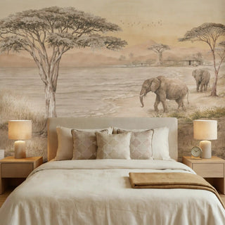 The Kenya African landscape mural styled behind a neutral upholstered bed in a serene, luxury bedroom.