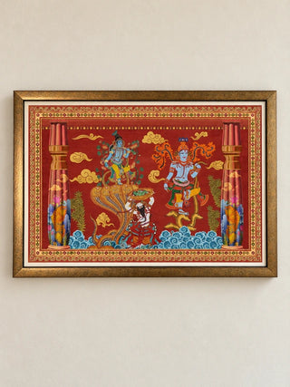 Keshava framed wall art: Krishna dancing on Kaliya in Kerala mural style on crimson, landscape wooden frame with ivory mount
