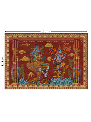 Keshava landscape wall art, two serpent-dance scenes between painted pillars on a crimson ground, marked with its 81.2 cm by 121 cm dimensions.