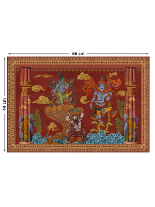 Keshava landscape wall art, two serpent-dance scenes between painted pillars on a crimson ground, marked with its 44 cm by 66 cm dimensions.