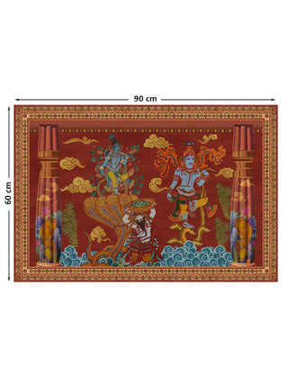 Keshava landscape wall art, two serpent-dance scenes between painted pillars on a crimson ground, marked with its 60 cm by 90 cm dimensions.