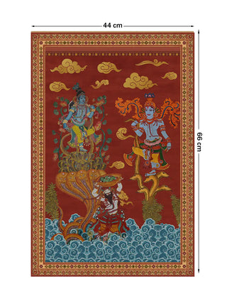 Keshava portrait wall art, two serpent-dance scenes above swirling waves on a crimson ground, marked with its 66 cm by 44 cm dimensions.
