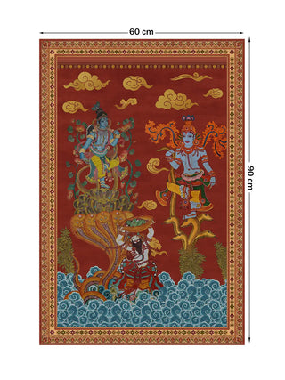 Keshava portrait wall art, two serpent-dance scenes above swirling waves on a crimson ground, marked with its 90 cm by 60 cm dimensions.