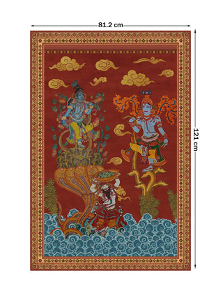 Keshava portrait wall art, two serpent-dance scenes above swirling waves on a crimson ground, marked with its 121 cm by 81.2 cm dimensions.