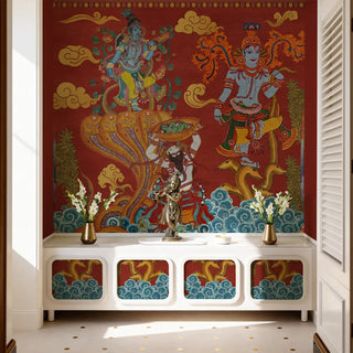 The Keshava design styled in a serene alcove above a white cabinet featuring a Krishna idol and fresh flowers.