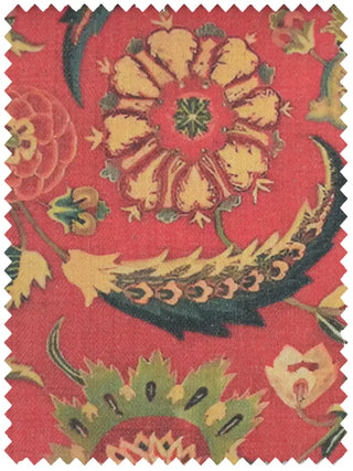 A high-resolution swatch of Khumar fabric featuring large red and gold floral blooms with sage green leaf accents.