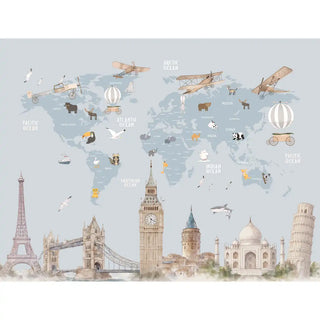 The full panoramic layout of the World Map mural featuring global monuments, animals, and vintage biplanes.