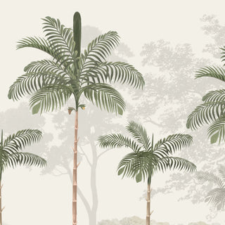 Close up of Kovalam tropical wallpaper in green showing the fine brushstrokes of areca palm fronds and pale pink trunks against a misty canopy
