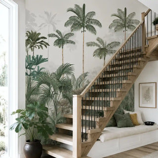 Kovalam tropical wallpaper in green with tall areca palms and fan fronds along a staircase wall above a built-in window seat