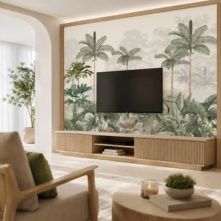 Kovalam tropical wallpaper in green as a framed feature wall behind a wall-mounted television above a fluted oak media console