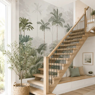 Kovalam Paradise Palms Wallpaper with lush green palm motifs on a calming background. Wallpaper for Staircase, Green, Customised. view-staircase
